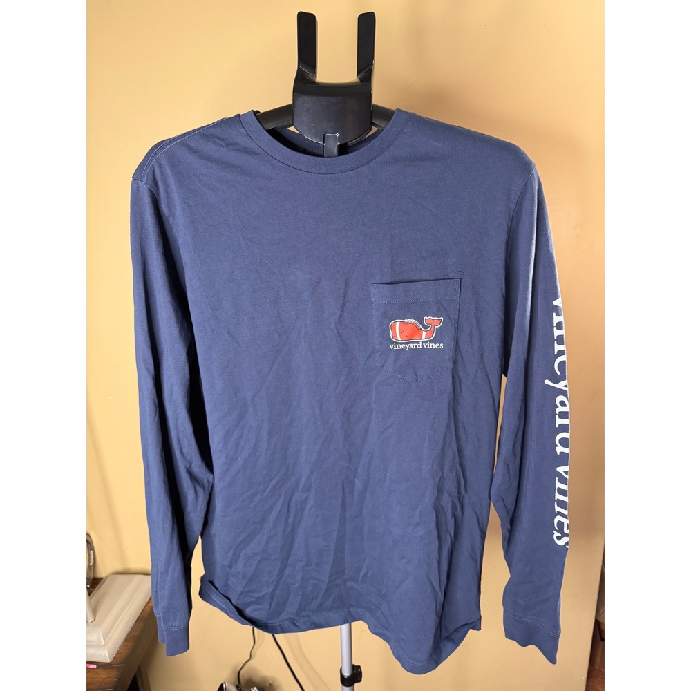 Vineyard Vines Mens Navy Blue Football Whale Long Sleeve Pocket T-Shirt Medium
